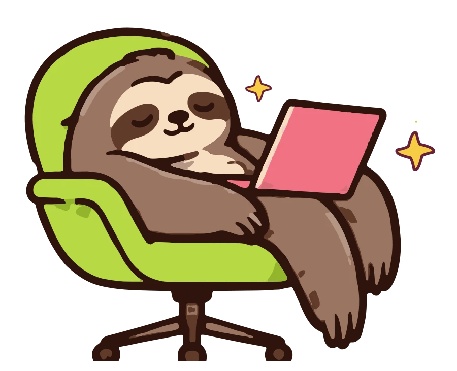 La mascotte LAZYCLUB, un paresseux installé dans un fauteuil vert lime avec son ordinateur rose