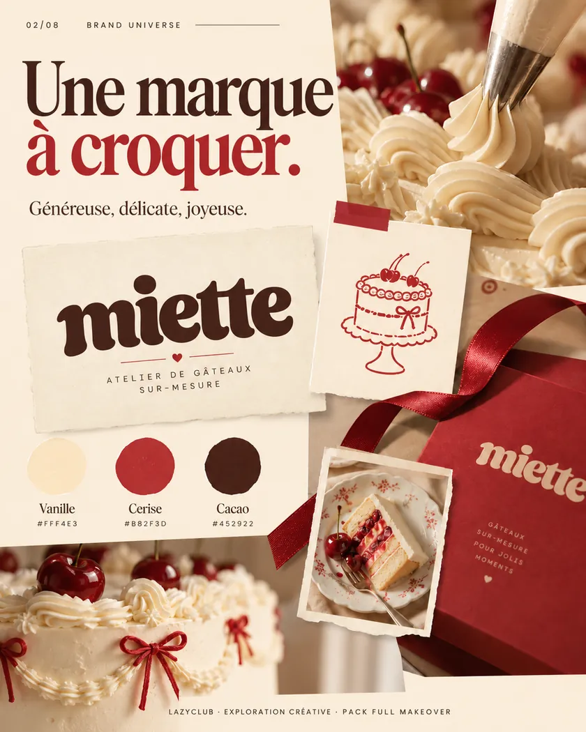 Une marque à croquer : logo, palette vanille, cerise et cacao, mises en situation