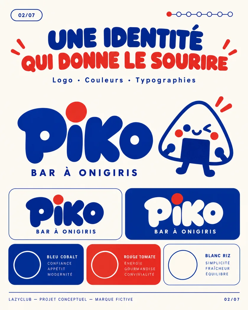 Une identité qui donne le sourire : logo, déclinaisons et palette bleu cobalt, rouge tomate et blanc riz