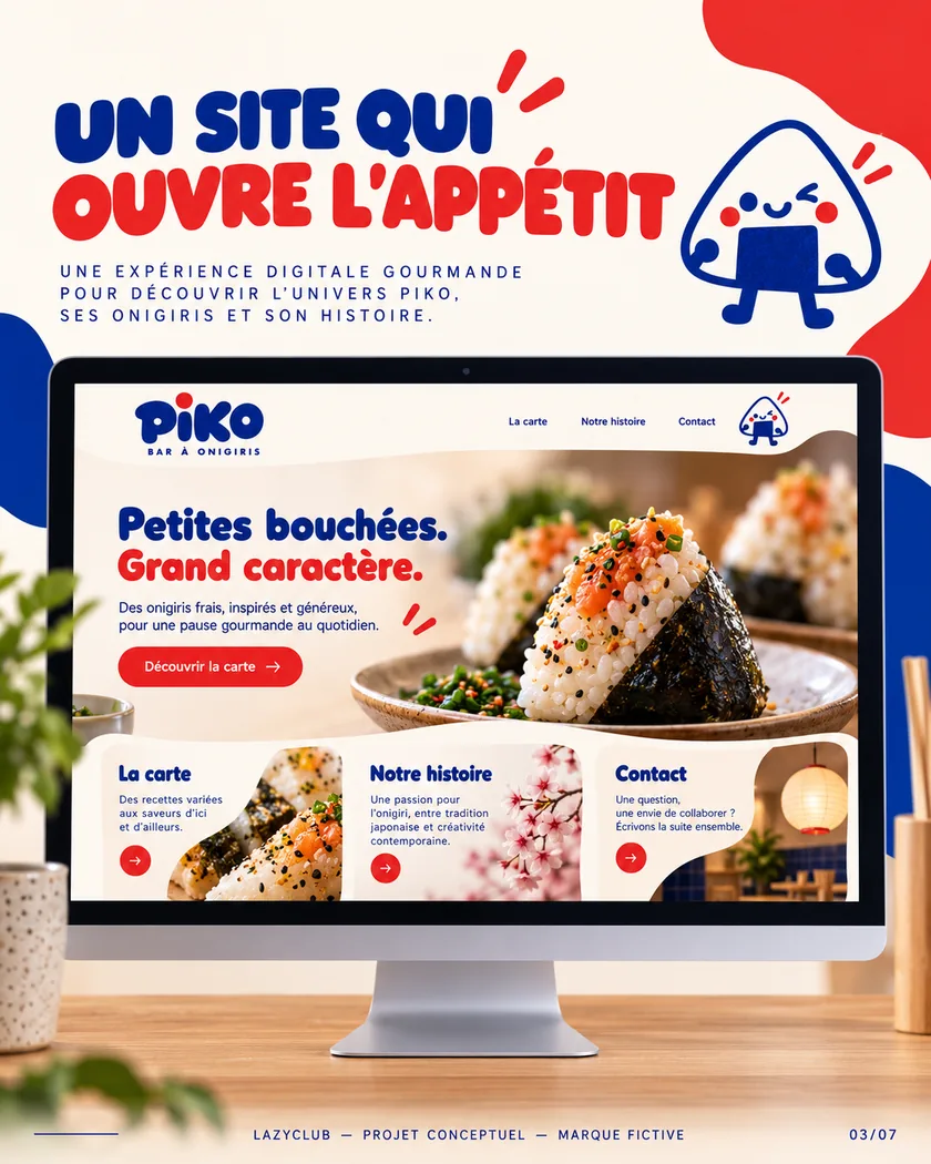 Maquette du site Piko sur ordinateur : « Petites bouchées. Grand caractère. »