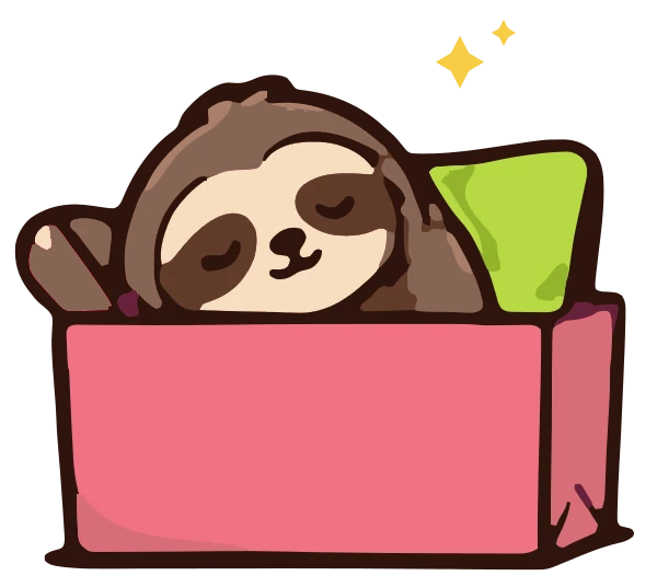 Le paresseux LAZYCLUB qui sort la tête d'un carton rose